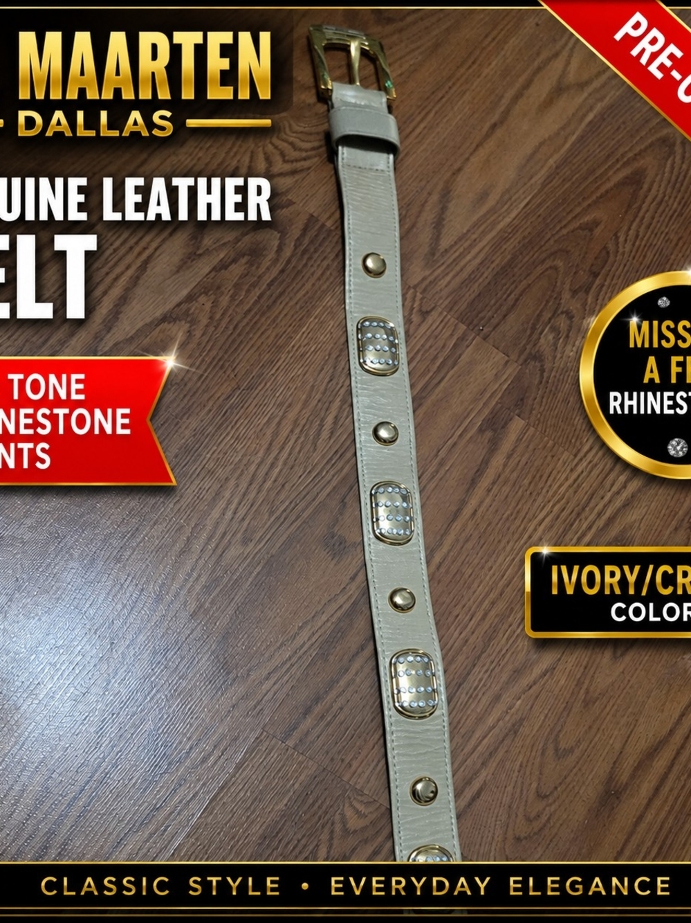 St. Maarten Dallas Genuine Leather Belt Gold Rhinestone Accent Women's Ivory